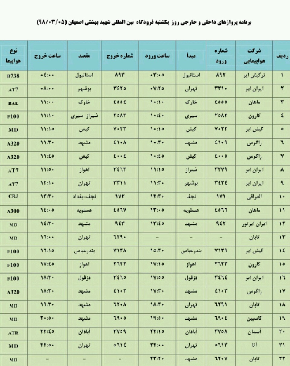 اعلام پرواز های داخلی و خارجی فرودگاه شهید بهشتی اصفهان