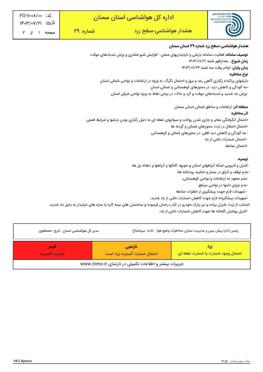 اعلام هشدار زرد هواشناسی در سمنان