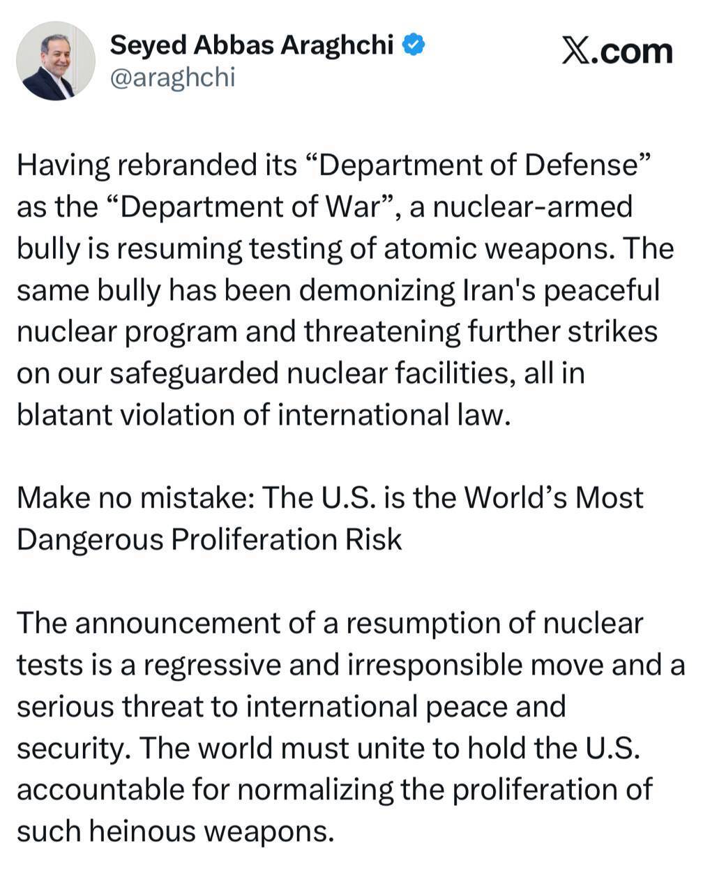 واکنش عراقچی به دستور ترامپ به از سرگیری آزمایش سلاح‌های هسته‌ای